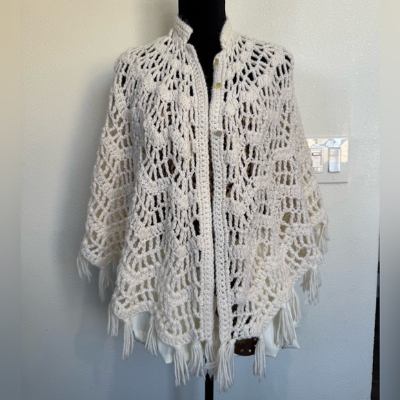Boho Hand-Crocheted Fringe Shawl Cardigan | Open Knit Poncho | One Size - Picture 5 of 6
